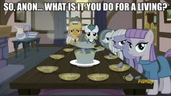 Size: 1057x596 | Tagged: caption, cloudy quartz, derpibooru import, discovery family logo, edit, edited screencap, igneous rock pie, image macro, limestone pie, looking at you, marble pie, maud pie, meme, oc, oc:anon, pie family, pie family home, pie sisters, quartzrock, safe, screencap, siblings, sisters