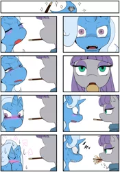 Size: 698x1000 | Tagged: safe, artist:suzumaru, derpibooru import, maud pie, trixie, pony, unicorn, 8koma, comic, female, food, lesbian, mare, mauxie, pocky, shipping