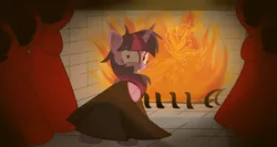 Size: 3000x1600 | Tagged: safe, artist:geraritydevillefort, derpibooru import, rarity, twilight sparkle, twilight sparkle (alicorn), alicorn, pony, disney, female, frollo, hellfire, hunchback of notre dame, mare, solo, twilight snapple