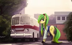 Size: 2000x1253 | Tagged: safe, artist:rublegun, derpibooru import, oc, oc:duchess, unofficial characters only, pony, bus, city, clothes, outdoors, solo, street