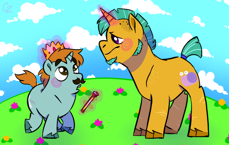 Size: 1024x649 | Tagged: safe, artist:hateful-minds, derpibooru import, snails, snips, pony, unicorn, crown, duo, gay, male, moustache, older, older snails, older snips, scepter, shipping, snaps