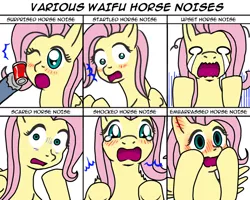 Size: 750x600 | Tagged: safe, artist:adenyne, derpibooru import, fluttershy, pegasus, pony, blushing, crying, descriptive noise, ear blush, embarrassed, expressions, horse noises, meme, no catchlights, open mouth, scared, shocked, shrunken pupils, spread wings, startled, surprised, teary eyes, upset, waifu, wings
