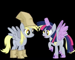Size: 1280x1024 | Tagged: safe, derpibooru import, derpy hooves, pegasus, pony, luna eclipsed, scare master, alicorn costume, clothes, comparison, costume, cute, fake horn, fake wings, female, mare, nightmare night, nightmare night costume, paper bag, paper bag wizard, simple background, toilet paper roll, toilet paper roll horn, twilight muffins, wig