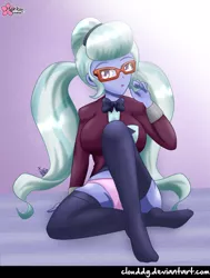 Size: 680x900 | Tagged: suggestive, artist:clouddg, derpibooru import, sugarcoat, equestria girls, friendship games, bowtie, breasts, busty sugarcoat, clothes, crystal prep academy, crystal prep academy uniform, crystal prep shadowbolts, female, glasses, missing shoes, open mouth, panties, pigtails, pink underwear, school uniform, sexy, signature, sitting, socks, solo, stocking feet, stockings, thigh highs, twintails, underwear