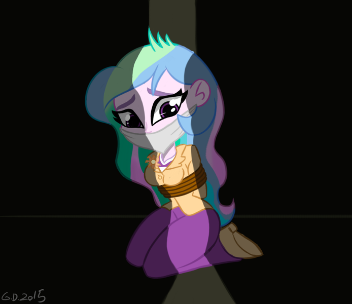 Size: 960x830 | Tagged: semi-grimdark, suggestive, artist:gaggeddude32, derpibooru import, princess celestia, equestria girls, bondage, breasts, cloth gag, clothes, female, gag, hands behind back, jackpot, kidnapped, principal celestia, ropes, signature, solo, solo female, wrapped up