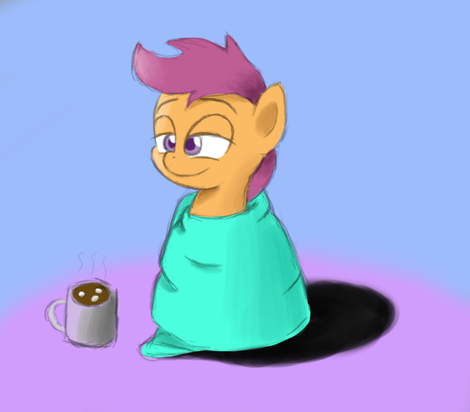 Size: 1231x1080 | Tagged: artist:purpleblackkiwi, blanket, chocolate, cold, comfy, cute, cutealoo, daaaaaaaaaaaw, derpibooru import, food, hot chocolate, lazy, lidded eyes, safe, scootaloo, solo, warm, winter