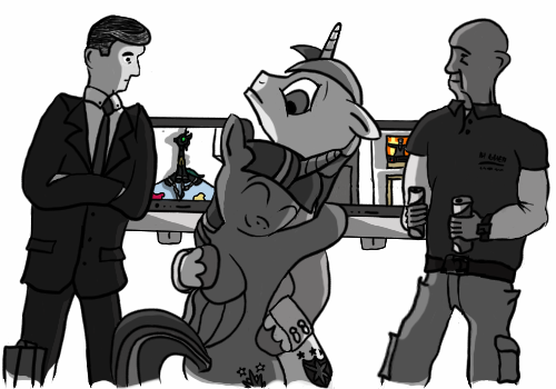 Size: 500x350 | Tagged: safe, artist:dantheman, derpibooru import, queen chrysalis, shining armor, twilight sparkle, twilight sparkle (alicorn), oc, alicorn, human, pony, fanfic, fanfic:chrysalis visits the hague, black and white, camera, cell, chapter image, clothes, coffee, fanfic art, female, fimfiction, fimfiction.net link, food, grayscale, hug, lawyer, mare, monochrome, necktie, pony on earth, prison, prison guard, prisoner, security officer, suit, suitcase, television, uneasy, waiting, warden