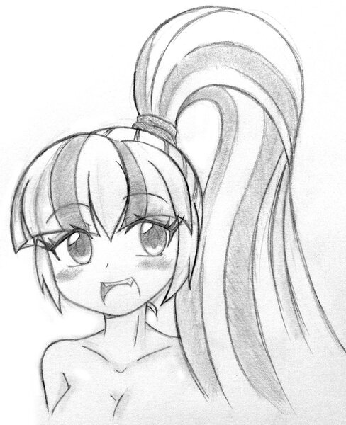 Size: 1024x1259 | Tagged: suggestive, artist:trainbang, derpibooru import, sonata dusk, equestria girls, blushing, breasts, busty sonata dusk, cute, drawing, female, grayscale, looking at you, monochrome, open mouth, ponytail, solo, solo female, sonatabetes, traditional art