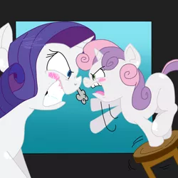 Size: 1000x1000 | Tagged: safe, artist:krazykari, artist:purple-yoshi-draws, derpibooru import, rarity, sweetie belle, sisterhooves social, angry, fight, marshmelodrama