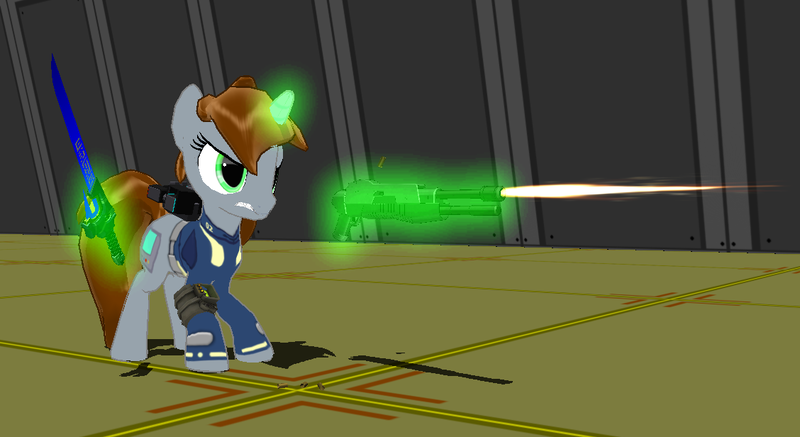 Size: 1128x616 | Tagged: safe, artist:zoroark67, derpibooru import, oc, oc:littlepip, unofficial characters only, pony, unicorn, fallout equestria, fanfic, 3d, clothes, crossover, dlc, fake dlc, fallout, fanfic art, female, glowing horn, gun, magic, mare, mmd, phantasy star, phantasy star online, pipbuck, saber, shooting, shotgun, solo, sword, telekinesis, vault suit, weapon