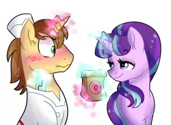 Size: 3900x2860 | Tagged: safe, artist:dreamscapevalley, derpibooru import, donut joe, starlight glimmer, bag, bedroom eyes, blushing, card, crack shipping, donut, female, food, male, milestone, paper bag, shipping, starjoe, story included, straight