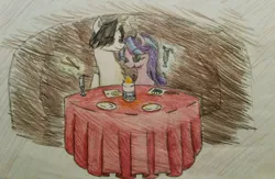 Size: 1024x668 | Tagged: safe, artist:fullmetalvocaloid, derpibooru import, starlight glimmer, oc, oc:otto cratic, blushing, candle, canon x oc, chopsticks, cocktail, date, food, glass, plate, shipping, sushi, table, tablecloth, traditional art