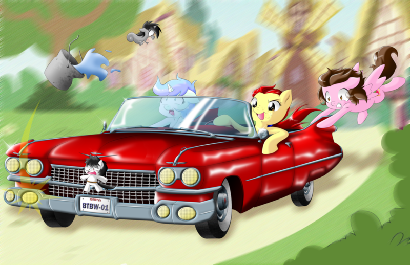 Size: 1024x663 | Tagged: 59 cadillac, artist:shinta-girl, artist:the-black-terror, bucket, cadillac, car, derpibooru import, oc, oc:frozen rose, oc:grayflake, oc:nott, oc:shinta pony, oc:taekwon magic, safe, unofficial characters only, water