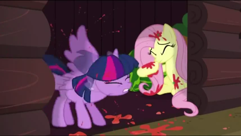 Size: 1915x1079 | Tagged: safe, derpibooru import, screencap, fluttershy, twilight sparkle, twilight sparkle (alicorn), alicorn, pony, the hooffields and mccolts, behaving like a dog, duo, female, mare, shaking, tomatoes