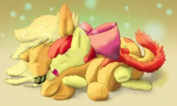 Size: 1280x770 | Tagged: apple bloom, applejack, artist:firefanatic, cuddling, cute, derpibooru import, fluffy, monster pony, original species, safe, snuggling, species swap, tatzlbetes, tatzljack, tatzlpony