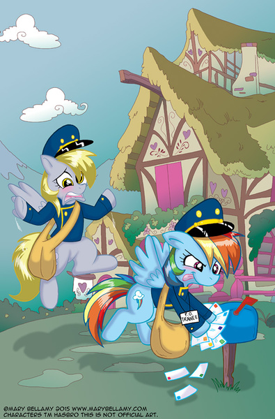 Size: 593x900 | Tagged: safe, artist:marybellamy, derpibooru import, derpy hooves, rainbow dash, pegasus, pony, clothes, female, mail, mailpony, mare, role reversal, uniform