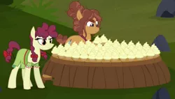 Size: 1416x807 | Tagged: cupcake, derpibooru import, food, hilly hooffield, hooffield family, safe, screencap, the hooffields and mccolts, trowel hooffield