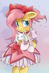 Size: 3750x5625 | Tagged: absurd resolution, anime, anthro, artist:ardail, blushing, clothes, colored pupils, cosplay, costume, crossover, cute, derpibooru import, emiri katou, fluttershy, incubator (species), kyubey, madoka kaname, puella magi madoka magica, safe, shyabetes, solo, voice actor joke