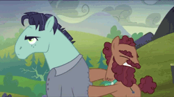 Size: 854x478 | Tagged: safe, derpibooru import, screencap, gravedigger hooffield, hammerhead mccolt, earth pony, pony, the hooffields and mccolts, animated, background pony, beard, duo, eyes closed, facial hair, feud, floppy ears, gritted teeth, hooffield family, male, mccolt family, shove, stallion, unamused