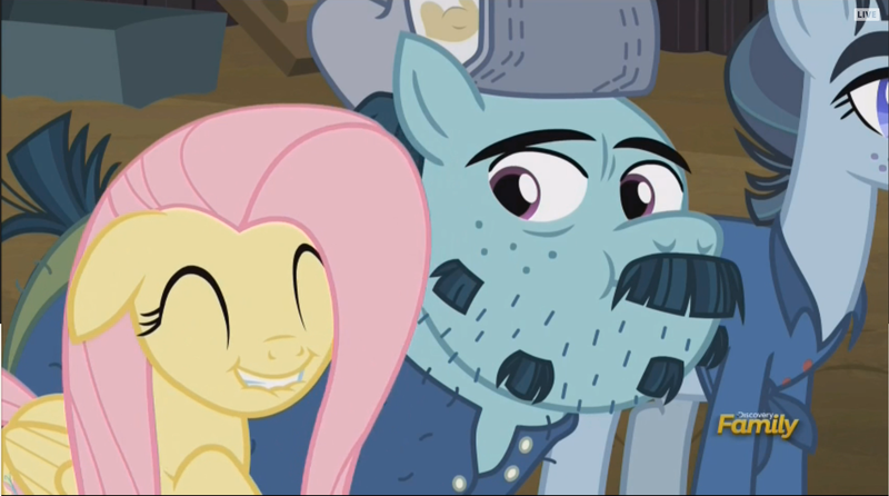 Size: 1964x1094 | Tagged: safe, derpibooru import, screencap, fluttershy, hacksaw mccolt, leadnail mccolt, earth pony, pegasus, pony, the hooffields and mccolts, discovery family logo, eyes closed, floppy ears, hat, lip bite, mccolt family, smiling