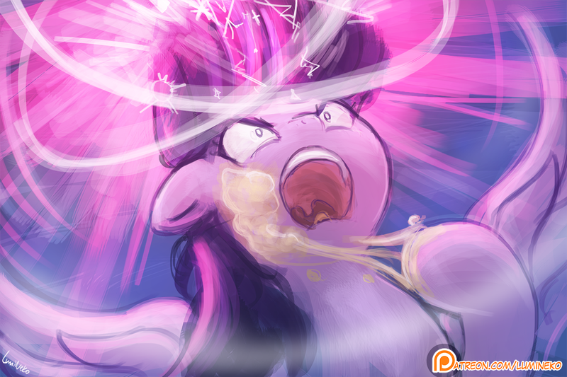 Size: 1125x750 | Tagged: safe, artist:lumineko, derpibooru import, twilight sparkle, twilight sparkle (alicorn), alicorn, pony, the hooffields and mccolts, angry, cream, female, glowing horn, magic, mare, open mouth, patreon, patreon logo, scene interpretation, solo, spread wings