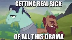 Size: 854x478 | Tagged: safe, derpibooru import, edit, edited screencap, screencap, gravedigger hooffield, hammerhead mccolt, earth pony, pony, the hooffields and mccolts, beard, duo, eyes closed, facial hair, gritted teeth, hooffield family, image macro, male, mccolt family, meme, reaction image, stallion, unamused