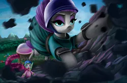 Size: 1280x835 | Tagged: artist:sugarheartart, derpibooru import, maud pie, maud pie (episode), pickelhaube, pinkie pie, pinkierainbowraritwiapplefluttermaudfuntime, rock, safe, scene interpretation, watermark