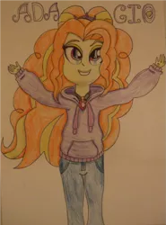 Size: 951x1284 | Tagged: safe, artist:blazingdazzlingdusk, derpibooru import, adagio dazzle, equestria girls, rainbow rocks, clothes, drawing, hoodie, smiling, solo, the dazzlings, traditional art, when she smiles