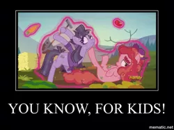 Size: 750x562 | Tagged: safe, derpibooru import, edit, edited screencap, screencap, buzzsaw mccolt, tree h. hooffield, earth pony, pony, the hooffields and mccolts, attempted murder, demotivational poster, discovery family logo, freeze spell, image macro, levitation, magic, mccolt family, meme, shovel, telekinesis, you know for kids
