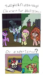 Size: 996x1768 | Tagged: safe, artist:oneovertwo, derpibooru import, buzzsaw mccolt, crosscut mccolt, fluttershy, hacksaw mccolt, moondancer, tree h. hooffield, tree hugger, twilight sparkle, twilight sparkle (alicorn), alicorn, pony, the hooffields and mccolts, comic, eyebrows, female, mare, mccolt family, saw sisters, thick eyebrows