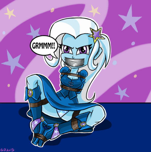 Size: 833x841 | Tagged: questionable, artist:gaggeddude32, derpibooru import, trixie, equestria girls, arm behind back, blue underwear, bondage, boots, box tied, breasts, cleavage, clothes, female, gag, jackpot, kidnapped, knee tied, legs, muffled moaning, panties, ropes, signature, skirt, solo, solo female, speech bubble, starry underwear, tape gag, thighs, tied up, underwear, upskirt