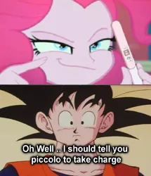 Size: 591x688 | Tagged: safe, derpibooru import, pinkie pie, equestria girls, dragon ball z, dragonball z abridged, goku, grammar error, kakarotpie, pregnancy test, pregnancy test meme