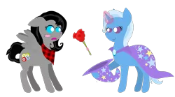 Size: 1800x1000 | Tagged: safe, alternate version, artist:princesstempestgale, derpibooru import, edit, trixie, oc, oc:nika, pony, unicorn, bandana, blushing, canon x oc, female, lesbian, mare, rose, shipping