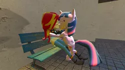 Size: 1360x768 | Tagged: safe, artist:mk513, derpibooru import, sunset shimmer, twilight sparkle, twilight sparkle (alicorn), equestria girls, 3d, bench, female, gmod, interspecies, kissing, lesbian, shipping, sunsetsparkle