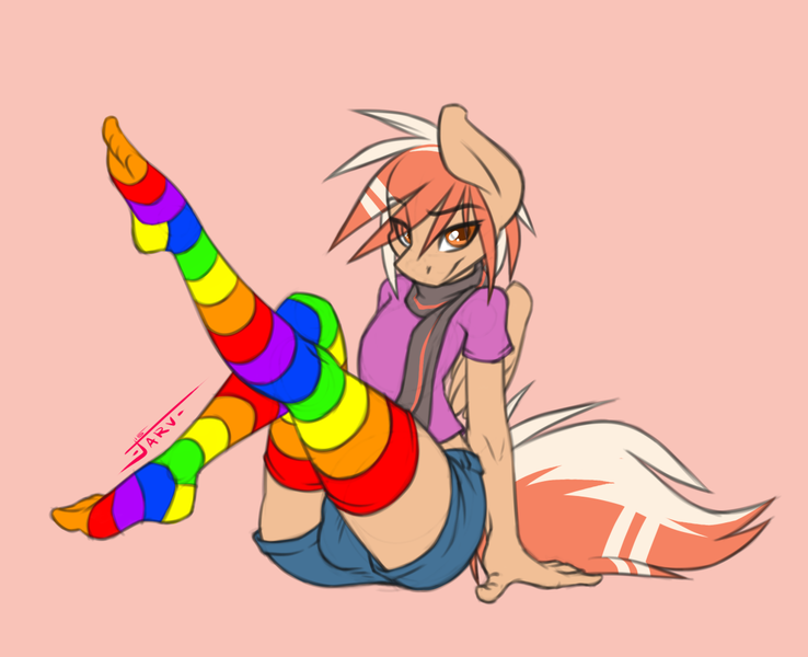 Size: 1280x1041 | Tagged: anthro, artist:jarwis, clothes, crotch bulge, derpibooru import, feet, femboy, male, missing shoes, oc, oc:glacier stripes, plantigrade anthro, questionable, rainbow socks, shorts, socks, solo, solo male, striped socks, trap, unofficial characters only