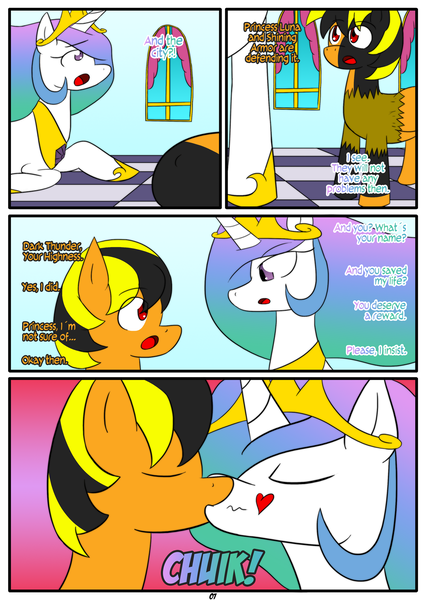 Size: 1238x1742 | Tagged: safe, artist:otakon, derpibooru import, princess celestia, oc, oc:dark thunder, comic:canterlot hero, canon x oc, commission, kissing, shipping