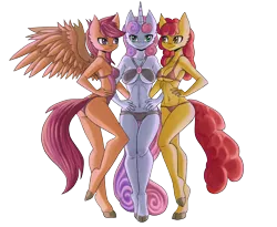 Size: 2200x1800 | Tagged: abs, anthro, apple bloom, armpits, artist:raptor007, belly button, bikini, breasts, busty apple bloom, busty cmc, busty scootaloo, busty sweetie belle, cleavage, clothes, cloven hooves, cutie mark crusaders, derpibooru import, female, older, scootaloo, sexy, sideboob, simple background, suggestive, sweetie belle, swimsuit, transparent background, unguligrade anthro