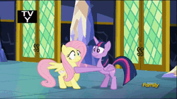 Size: 800x450 | Tagged: safe, derpibooru import, screencap, fluttershy, twilight sparkle, twilight sparkle (alicorn), alicorn, pony, the hooffields and mccolts, adorkable, animated, booty call, castle, cute, cutie mark, discovery family logo, dork, duo, excited, female, flinch, floppy ears, glow, glowing cutie mark, grin, look at my ass, looking back, mare, out of context, scared, sitting, smiling, tail whip, talking, wide eyes