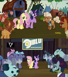 Size: 2134x2398 | Tagged: safe, derpibooru import, edit, edited screencap, screencap, big daddy mccolt, buzzsaw mccolt, crosscut mccolt, fluttershy, gravedigger hooffield, hacksaw mccolt, hammerhead mccolt, leadnail mccolt, locknut mccolt, ma hooffield, rosy riveter, seedsman hooffield, steel bolts, tree h. hooffield, trowel hooffield, turner mccolt, twilight sparkle, twilight sparkle (alicorn), alicorn, pony, the hooffields and mccolts, builders league united, discovery family logo, drama, female, hooffield family, mare, mccolt family, reliable excavation demolition, saw sisters, team fortress 2