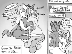 Size: 2048x1536 | Tagged: safe, artist:exedrus, derpibooru import, sweetie belle, changeling, :p, black and white, cape, clothes, cmc cape, cute, cuteling, diasweetes, grayscale, growling, hug, monochrome, response, simple background, smiling, snarling, speech bubble, tail wag, tongue out, underhoof