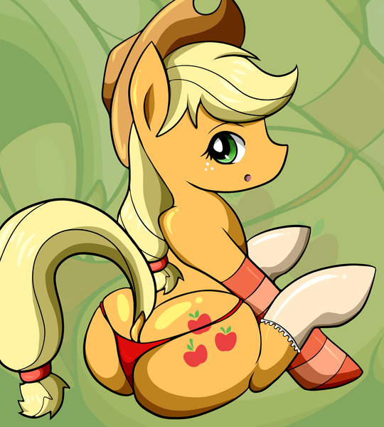 Size: 2970x3300 | Tagged: applebutt, applejack, artist:wetfox, ass, clothes, derpibooru import, dock, female, looking at you, looking back, panties, red underwear, sitting, solo, solo female, stockings, suggestive, the ass was fat, thong, underwear, wedgie