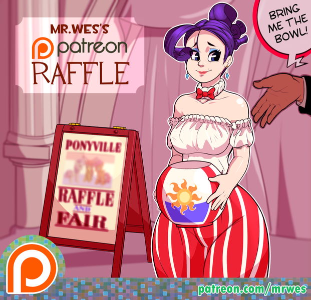 Size: 2400x2320 | Tagged: alternate hairstyle, artist:mrw32, beauty mark, bioshock, bioshock infinite, bowl, bowtie, cutie mark, derpibooru import, earring, human, humanized, lipstick, makeup, parody, patreon, patreon logo, piercing, raffle, rarity, safe, shoulderless, sign, wide hips