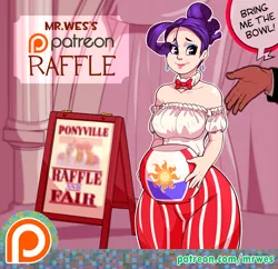 Size: 2400x2320 | Tagged: alternate hairstyle, artist:mrw32, beauty mark, bioshock, bioshock infinite, bowl, bowtie, cutie mark, derpibooru import, earring, human, humanized, lipstick, makeup, parody, patreon, patreon logo, piercing, raffle, rarity, safe, shoulderless, sign, wide hips