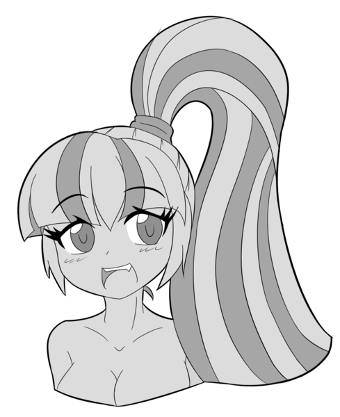 Size: 1100x1350 | Tagged: suggestive, artist:jovalic, artist:trainbang, derpibooru import, sonata dusk, equestria girls, breasts, bust, busty sonata dusk, cute little fangs, fangs, female, grayscale, looking at you, monochrome, open mouth, solo