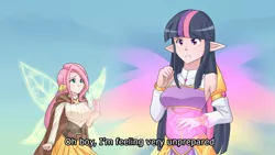 Size: 1280x720 | Tagged: anime style, artist:jonfawkes, big breasts, breasts, busty fluttershy, busty twilight sparkle, derpibooru import, elf ears, female, fluttershy, glowing wings, human, humanized, magic, safe, scene interpretation, subtitles, the hooffields and mccolts, twilight sparkle, unicorns as elves, wing ears, winged humanization