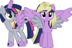 Size: 15005x10000 | Tagged: safe, artist:geometrymathalgebra, derpibooru import, derpy hooves, twilight sparkle, twilight sparkle (alicorn), alicorn, pony, scare master, absurd resolution, alicorn costume, clothes, cosplay, costume, costume swap, cute, derpabetes, derpy books, fake horn, fake wings, female, four winged, mare, nightmare night costume, not a horn, simple background, toilet paper roll, toilet paper roll horn, transparent background, twiabetes, twilight is not amused, twilight muffins, unamused, vector, wig