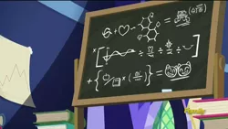 Size: 1280x720 | Tagged: safe, derpibooru import, screencap, pony, the hooffields and mccolts, book, chalk, chalkboard, cutie mark, discovery family logo, equation, fancy mathematics, graph, hug, magic, math, molecule, no pony, science, twilight's castle, wat