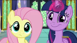Size: 1280x720 | Tagged: safe, derpibooru import, screencap, fluttershy, twilight sparkle, twilight sparkle (alicorn), alicorn, pony, the hooffields and mccolts, big eyes, crazy eyes, crazy face, crazy smile, discovery family logo, faic, female, frown, grin, looking at you, magic, mare, smiling, smirk, squint, twiface, twilight's castle, wide eyes, wrong neighborhood