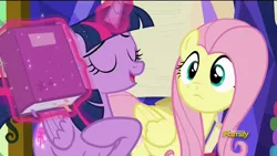 Size: 1280x720 | Tagged: safe, derpibooru import, screencap, fluttershy, twilight sparkle, twilight sparkle (alicorn), alicorn, pony, the hooffields and mccolts, book, discovery family logo, duo, female, levitation, magic, map room, mare, proud, smiling, smirk, smug, talking, twilight's castle