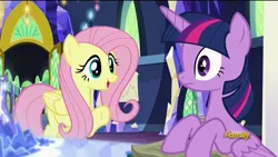 Size: 1280x720 | Tagged: safe, derpibooru import, screencap, fluttershy, twilight sparkle, twilight sparkle (alicorn), alicorn, pony, the hooffields and mccolts, book, chart, discovery family logo, duo, female, frown, map room, mare, pointing, shrunken pupils, sitting, talking, twilight's castle, wide eyes, worried